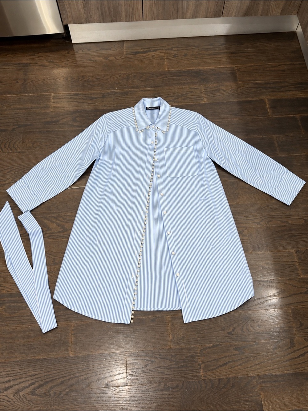New York & Company Blue Pinstripe Button-Down Pearl Trim Shirt Dress
